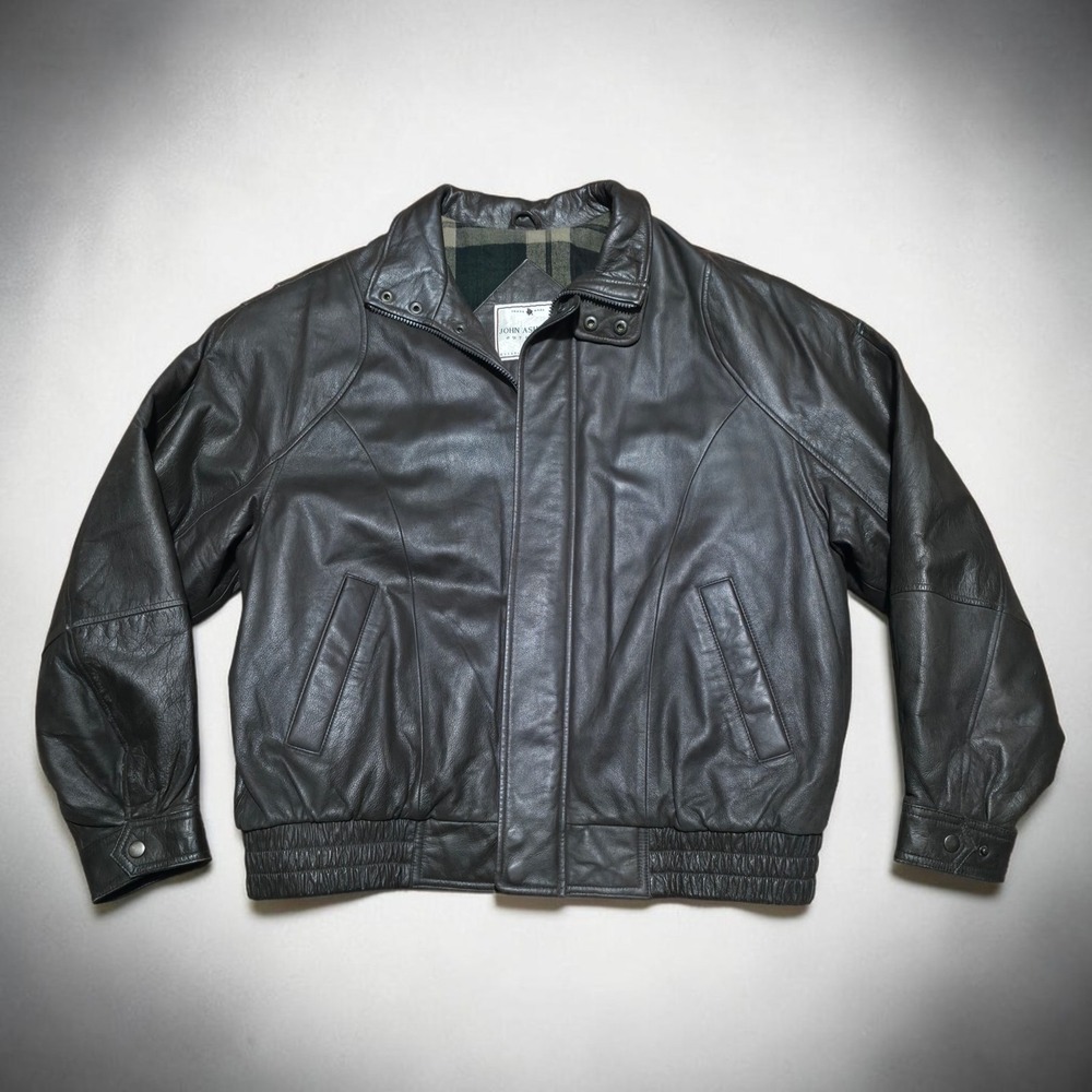 Vintage John Ashford Jacket Brown Leather Flannel Lined Full Zip Mens Large